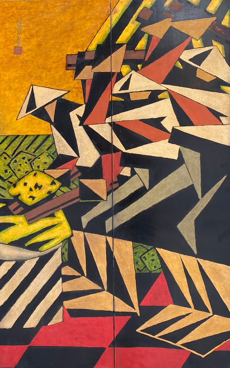 Phùng Phẩm, Đập lúa 1, sơn mài, 143x90cm, 2011.