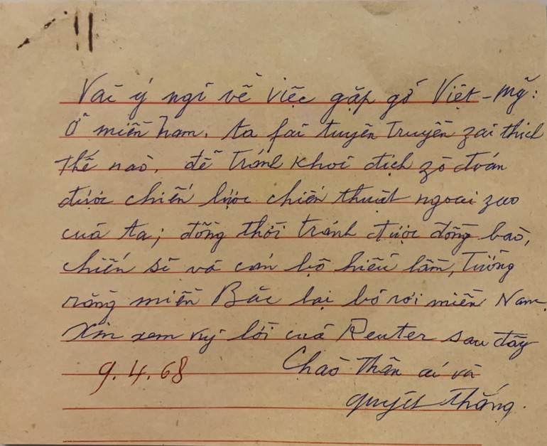 Thư của Chủ tịch Hồ Chí Minh gửi Bộ Chính trị ngày 9/4/1968 căn dặn việc chuẩn bị cho cuộc gặp gỡ Việt-Mỹ trước Hội nghị Paris. (Nguồn: Bảo tàng Hồ Chí Minh)