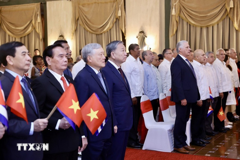 Tổng Bí thư, Chủ tịch nước Tô Lâm, Bí thư Thứ nhất Đảng Cộng sản Cuba, Chủ tịch Cuba Miguel Diaz Canel Bermudez và các đại biểu dự buổi gặp gỡ.