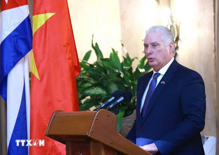 Bí thư Thứ nhất Đảng Cộng sản Cuba, Chủ tịch Cuba Miguel Diaz Canel Bermudez phát biểu.