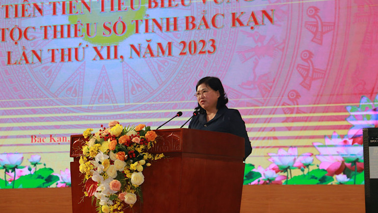Phó Bí thư Thường trực Tỉnh ủy Bắc Kạn Phương Thị Thanh phát biểu tại hội nghị.