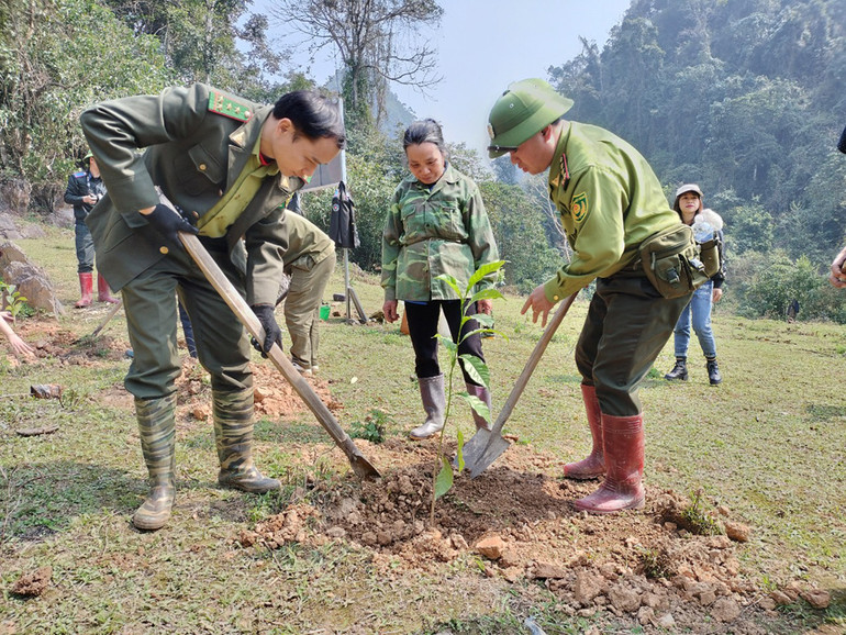 Cán bộ kiểm lâm khu bảo tồn cùng người dân tham gia trồng cây.