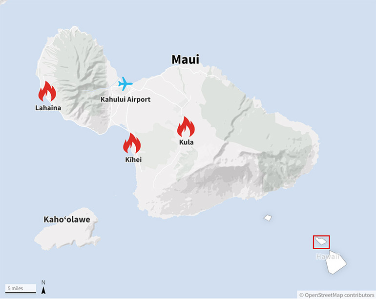 Bản đồ vị trí đám cháy trên đảo Maui. (Ảnh: Reuters)
