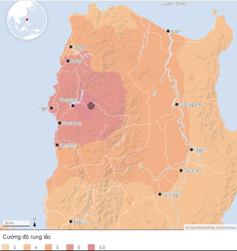 Bản đồ cường độ rung lắc do động đất gây ra. Tâm chấn của trận động đất cách huyện Dolores (tỉnh Abra) khoảng 13 km về phía đông nam, với độ sâu khoảng 10 km. Đây là trận động đất mạnh nhất tại Philippines trong những năm gần đây. (Nguồn: Cơ quan Khảo sát địa chất Mỹ - USGS)