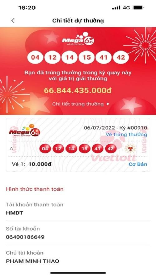 Ảnh màn hình trúng thưởng.