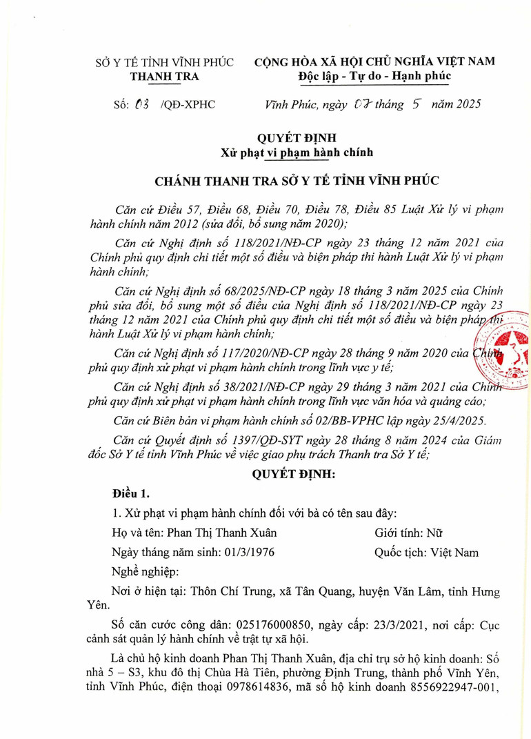 Quyết định xử phạt vi phạm hành chính của Thanh tra Sở Y tế tỉnh Vĩnh Phúc.