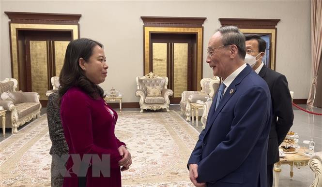 Phó Chủ tịch nước Võ Thị Ánh Xuân gặp Phó Chủ tịch nước Trung Quốc Vương Kỳ Sơn. (Ảnh: TTXVN)