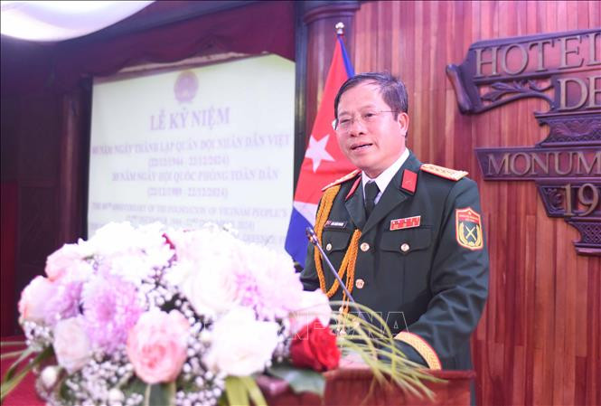 Đại tá Bùi Xuân Phong, Tùy viên Quốc phòng Việt Nam tại Cuba phát biểu tại sự kiện. (Ảnh: TTXVN)