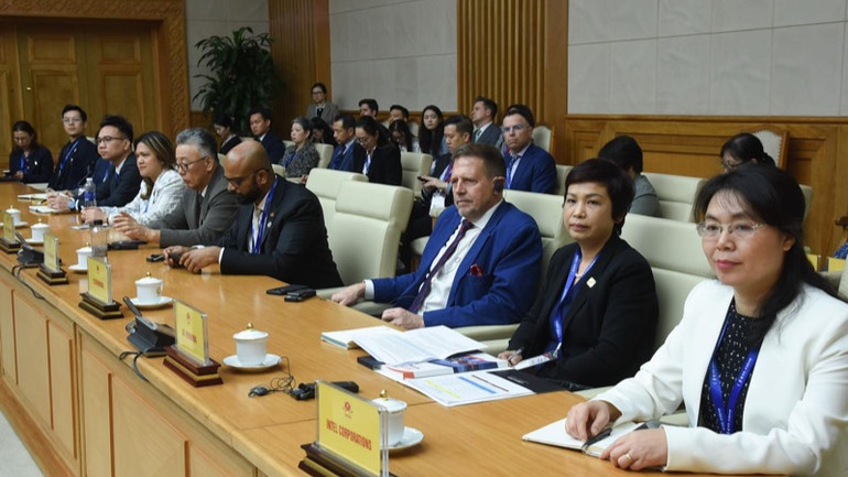 Các đại biểu là đại diện lãnh đạo các tập đoàn, doanh nghiệp Hoa Kỳ thuộc Phái đoàn USABC tham dự buổi tiếp. (Ảnh: TRẦN HẢI)