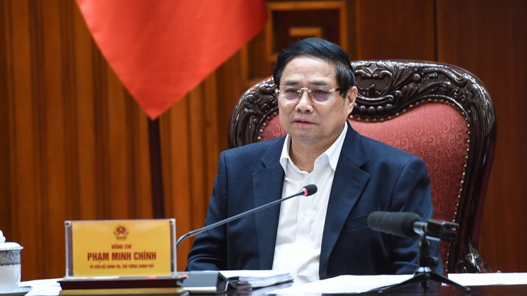 Bí thư Đảng ủy Chính phủ, Thủ tướng Chính phủ Phạm Minh Chính phát biểu ý kiến tại Hội nghị. (Ảnh: TRẦN HẢI)