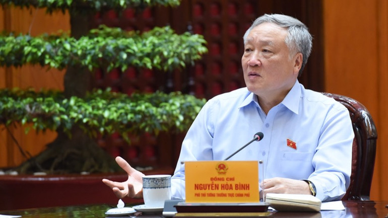 Phó Thủ tướng Thường trực Chính phủ Nguyễn Hoà Bình phát biểu ý kiến tại cuộc họp (Ảnh: TRẦN HẢI).