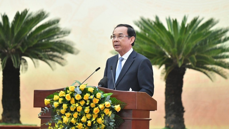 Bí thư Thành ủy Thành phố Hồ Chí Minh Nguyễn Văn Nên phát biểu ý kiến tại Hội nghị. (Ảnh: THANH GIANG)