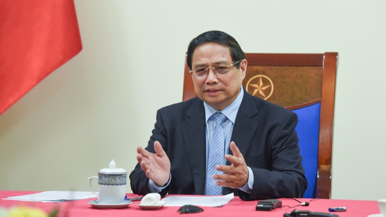 Thủ tướng Phạm Minh Chính phát biểu ý kiến tại cuộc điện đàm. (Ảnh: TRẦN HẢI)