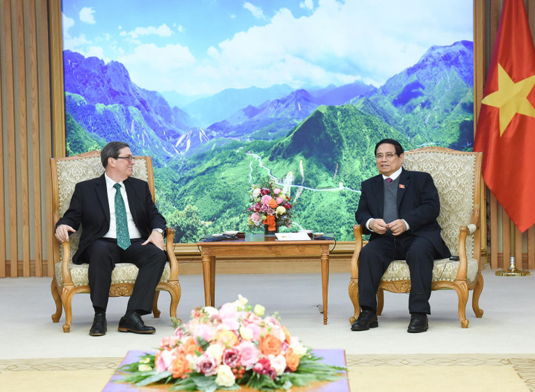 Thủ tướng Chính phủ Phạm Minh Chính tiếp đồng chí Bruno Rodríguez Parrilla, Ủy viên Bộ Chính trị, Bộ trưởng Ngoại giao Cuba. (Ảnh: TRẦN HẢI)