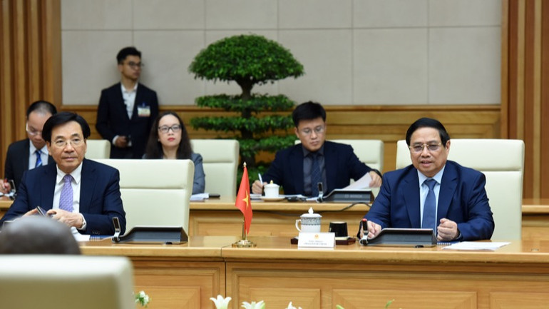 Thủ tướng Phạm Minh Chính phát biểu ý kiến tại cuộc hội kiến (Ảnh: TRẦN HẢI)