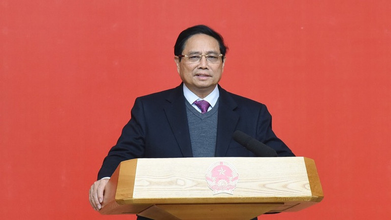 Bí thư Đảng ủy Chính phủ, Thủ tướng Chính phủ Phạm Minh Chính phát biểu ý kiến tại Hội nghị. (Ảnh: TRẦN HẢI)