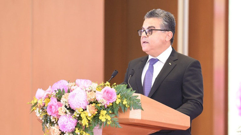 Đại sứ Palestine tại Việt Nam Saadi Salama - Trưởng Đoàn Ngoại giao phát biểu ý kiến tại sự kiện. (Ảnh: TRẦN HẢI)