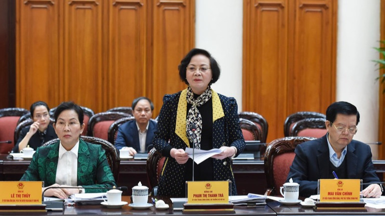 Bộ trưởng Nội vụ Phạm Thị Thanh Trà phát biểu ý kiến tại Hội nghị. (Ảnh: TRẦN HẢI)