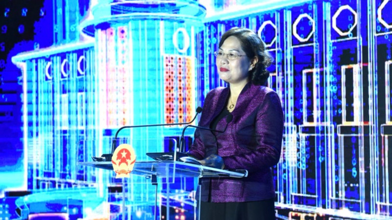 Thống đốc Ngân hàng Nhà nước Việt Nam Nguyễn Thị Hồng phát biểu tại sự kiện. (Ảnh TRẦN HẢI) Thống đốc Ngân hàng Nhà nước Việt Nam Nguyễn Thị Hồng phát biểu tại sự kiện. (Ảnh TRẦN HẢI)
