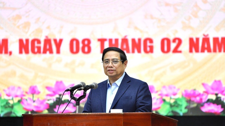 Thủ tướng Phạm Minh Chính phát biểu ý kiến chỉ đạo tại cuộc làm việc với Ban Thường vụ Tỉnh ủy Quảng Nam. (Ảnh: THANH GIANG)