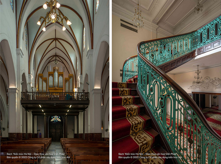 Gác đàn phía trên lối vào chính Nhà thờ Lớn Hà Nội (ảnh trái) và Cầu thang từ tầng trệt lên tầng một uốn lượn theo kiểu Art nouveau, kết hợp nhiều chất liệu trong Nhà khách Chính phủ.