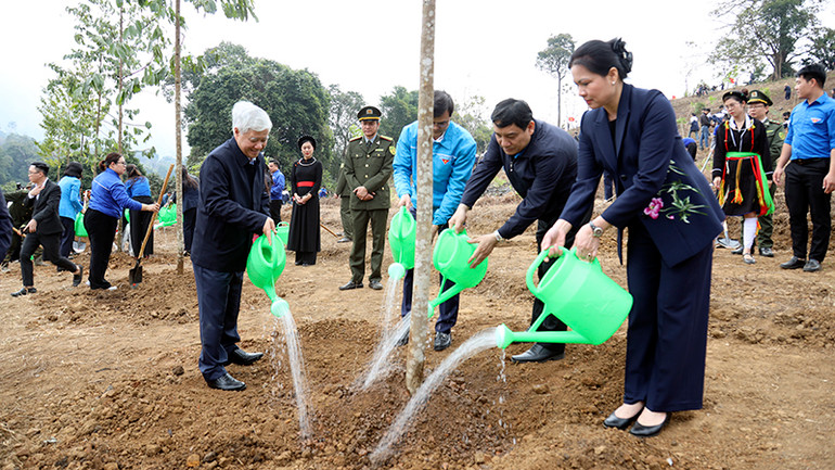 Đồng chí Đỗ Văn Chiến và các đồng chí lãnh đạo Trung ương Đoàn, lãnh đạo tỉnh Tuyên Quang trồng cây xanh hưởng ứng Tết trồng cây Xuân Ất Tỵ 2025 tại Vườn cây ơn Bác, thôn Tân Lập, xã Tân Trào, huyện Sơn Dương.