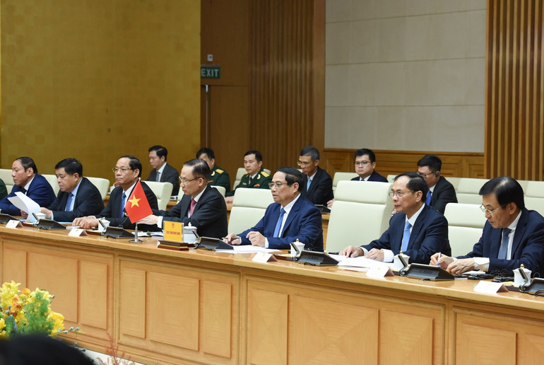 Thủ tướng Phạm Minh Chính và lãnh đạo các bộ, ngành, cơ quan Trung ương của Việt Nam tại buổi hội kiến. (Ảnh:TRẦN HẢI)