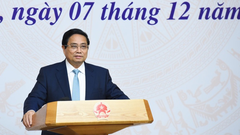 Thủ tướng Phạm Minh Chính phát biểu ý kiến tại cuộc gặp mặt. (Ảnh: TRẦN HẢI)