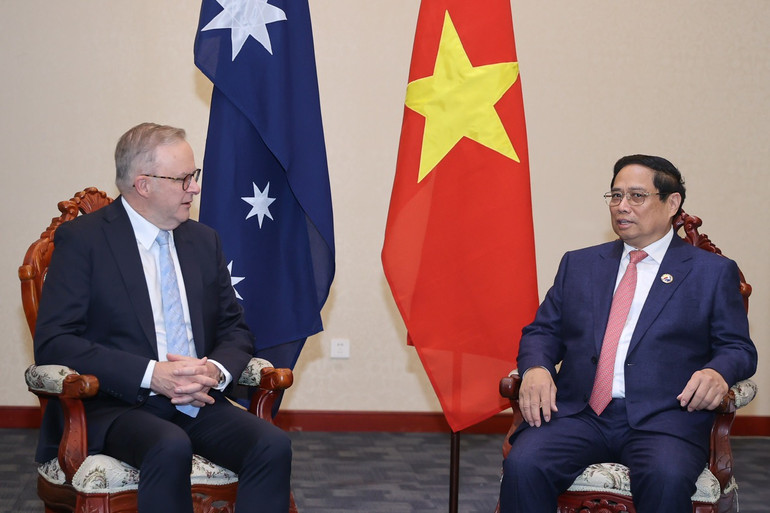 Thủ tướng Phạm Minh Chính hội kiến Thủ tướng Australia Anthony Albanese. (Ảnh: Nhật Bắc/VGP) Thủ tướng Phạm Minh Chính hội kiến Thủ tướng Australia Anthony Albanese. (Ảnh: Nhật Bắc/VGP)