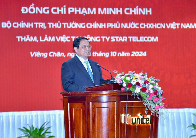 Thủ tướng Phạm Minh Chính phát biểu ý kiến tại buổi đến thăm làm việc với Công ty Star Telecom. (Ảnh: THANH GIANG)