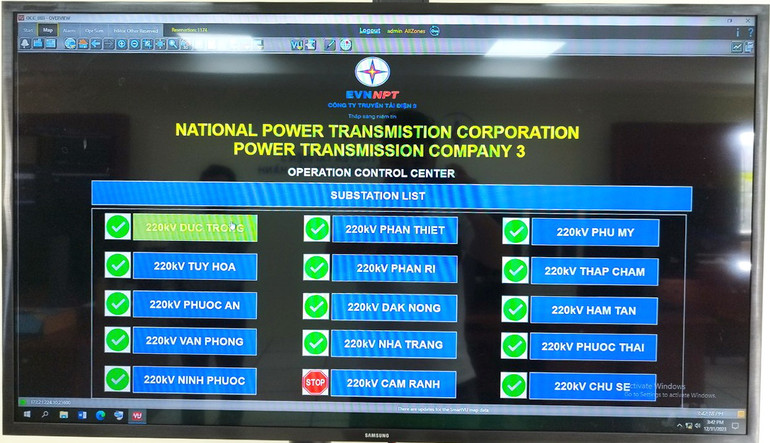 Màn hình kết nối điều khiển các trạm biến áp không người trực tại Trung tâm giám sát của PTC3.