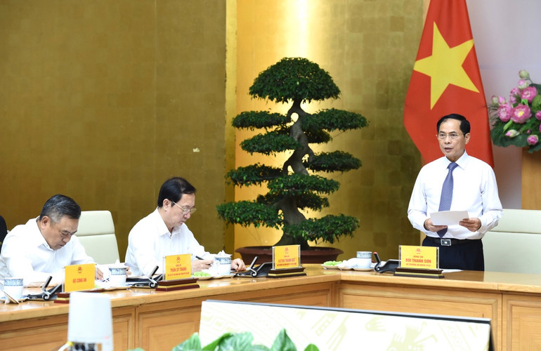 Bộ trưởng Ngoại giao Bùi Thanh Sơn báo cáo tại hội nghị. (Ảnh: TRẦN HẢI) Bộ trưởng Ngoại giao Bùi Thanh Sơn báo cáo tại hội nghị. (Ảnh: TRẦN HẢI)