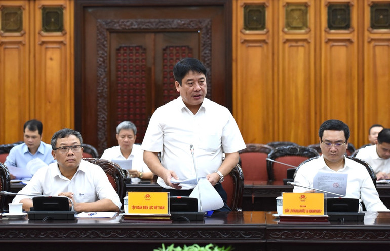 Lãnh đạo Tập đoàn Điện lực Việt Nam (EVN) báo cáo Thủ tướng Chính phủ tại cuộc họp. (Ảnh: Trần Hải)