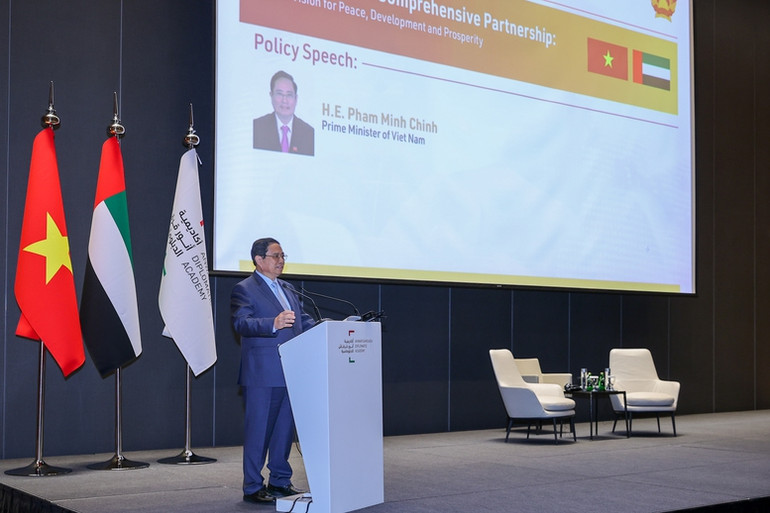 Thủ tướng Phạm Minh Chính phát biểu chính sách tại Học viện. (Ảnh: Nhật Bắc/VGP)