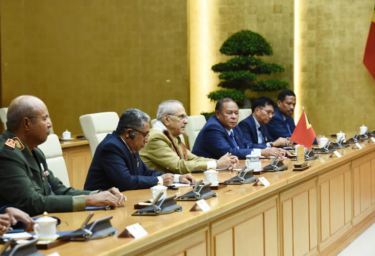 Tổng thống Jose Ramos-Horta và các quan chức Timor-Leste tại buổi tiếp. (Ảnh: TRẦN HẢI) Tổng thống Jose Ramos-Horta và các quan chức Timor-Leste tại buổi tiếp. (Ảnh: TRẦN HẢI)