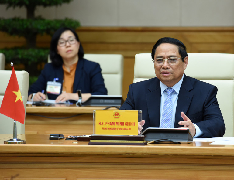 Thủ tướng Phạm Minh Chính phát biểu ý kiến tại cuộc hội kiến. (Ảnh: Trần Hải)