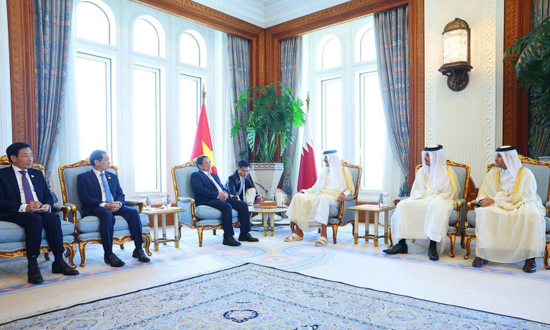 Thủ tướng Chính phủ Phạm Minh Chính hội kiến Quốc vương Qatar Sheikh Tamim Bin Hamad Al Thani. (Ảnh: Nhật Bắc/VGP)