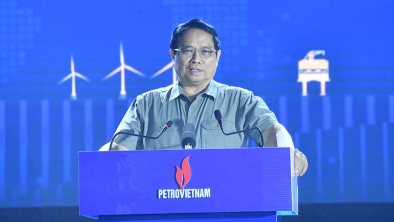 Thủ tướng Phạm Minh Chính phát biểu ý kiến tại chuỗi các sự kiện dầu khí và điện gió ngoài khơi. (Ảnh: Thanh Giang)