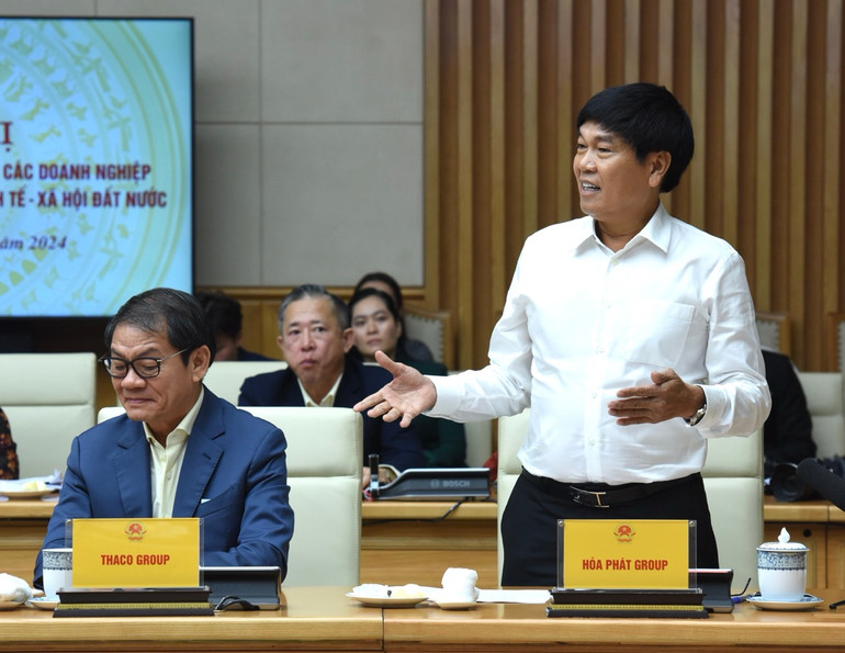 Chủ tịch HĐQT Tập đoàn Hòa Phát Trần Đình Long phát biểu ý kiến tại hội nghị. (Ảnh: TRẦN HẢI) Chủ tịch HĐQT Tập đoàn Hòa Phát Trần Đình Long phát biểu ý kiến tại hội nghị. (Ảnh: TRẦN HẢI)