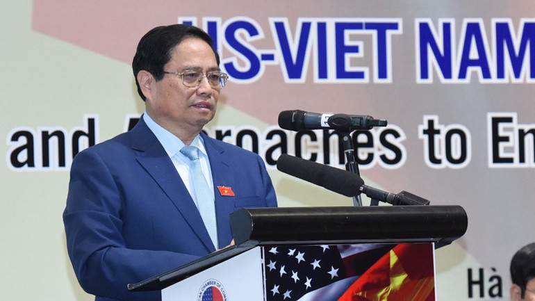 Thủ tướng Phạm Minh Chính phát biểu ý kiến tại Hội nghị Thượng đỉnh Kinh doanh Việt Nam - Hoa Kỳ. (Ảnh: Trần Hải)