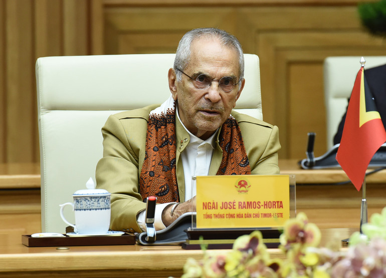 Tổng thống Timor-Leste Jose Ramos-Horta phát biểu ý kiến tại buổi tiếp. (Ảnh: TRẦN HẢI) Tổng thống Timor-Leste Jose Ramos-Horta phát biểu ý kiến tại buổi tiếp. (Ảnh: TRẦN HẢI)