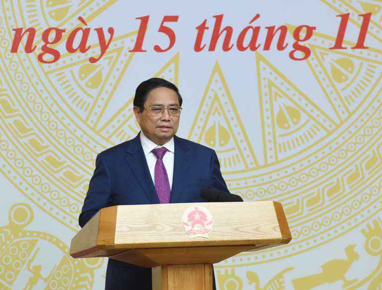 Thủ tướng Phạm Minh Chính phát biểu ý kiến tại buổi gặp mặt. (Ảnh: Trần Hải)