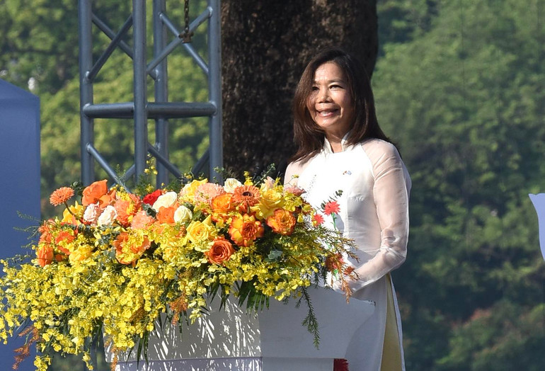 Bà Pauline Tamesis, Điều phối viên thường trú Liên hợp quốc tại Việt Nam phát biểu ý kiến tại sự kiện. (Ảnh: Trần Hải)