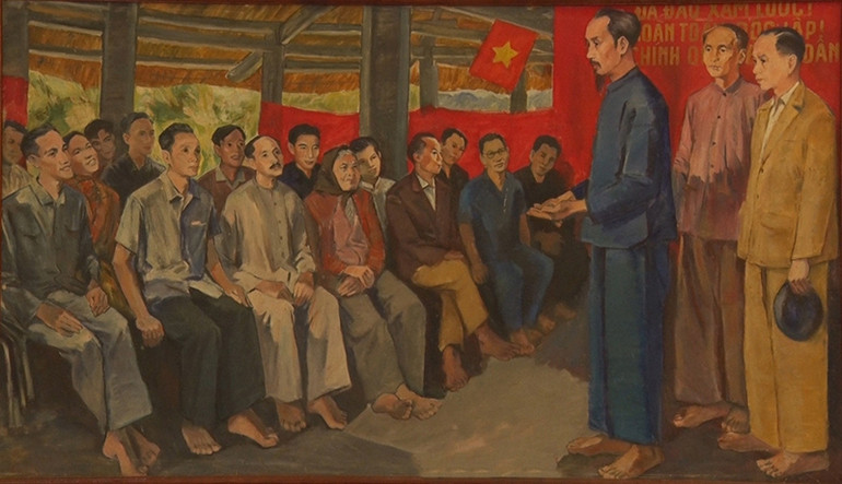 Chủ tịch Hồ Chí Minh nói chuyện với đại biểu Quốc dân Đại hội tại Đình Tân Trào. (Tranh sơn dầu: Họa sĩ Cao Thương)