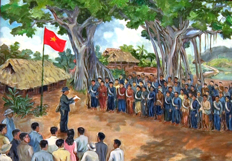 Lễ xuất quân của đơn vị Quân giải phóng ngày 16/8/1945 tại gốc đa Tân Trào, thôn Tân Lập, xã Tân Trào, huyện Sơn Dương, tỉnh Tuyên Quang. (Tranh sơn dầu: Họa sĩ Cao Thương)
