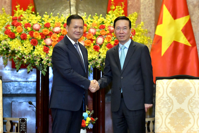 Chủ tịch nước Võ Văn Thưởng với Thủ tướng Vương quốc Campuchia Hun Manet tại buổi tiếp.