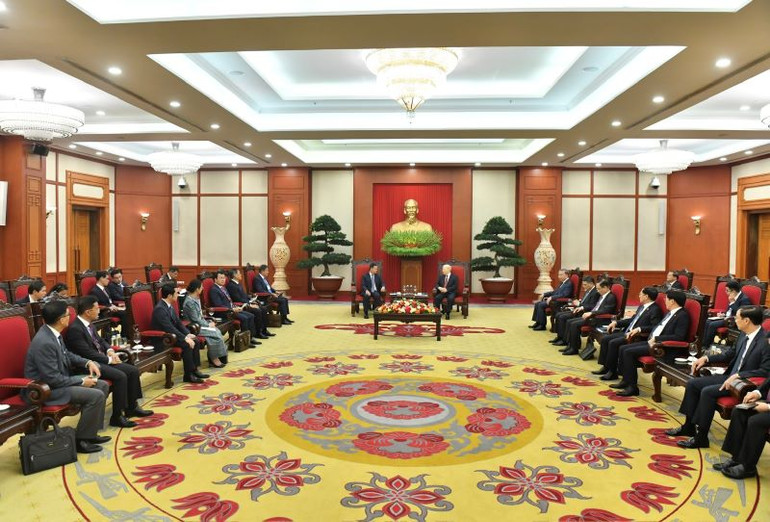 Quang cảnh buổi tiếp Thủ tướng Vương quốc Campuchia Samdech Moha Bovor Thipadei Hun Manet tại Trụ sở Trung ương Đảng.