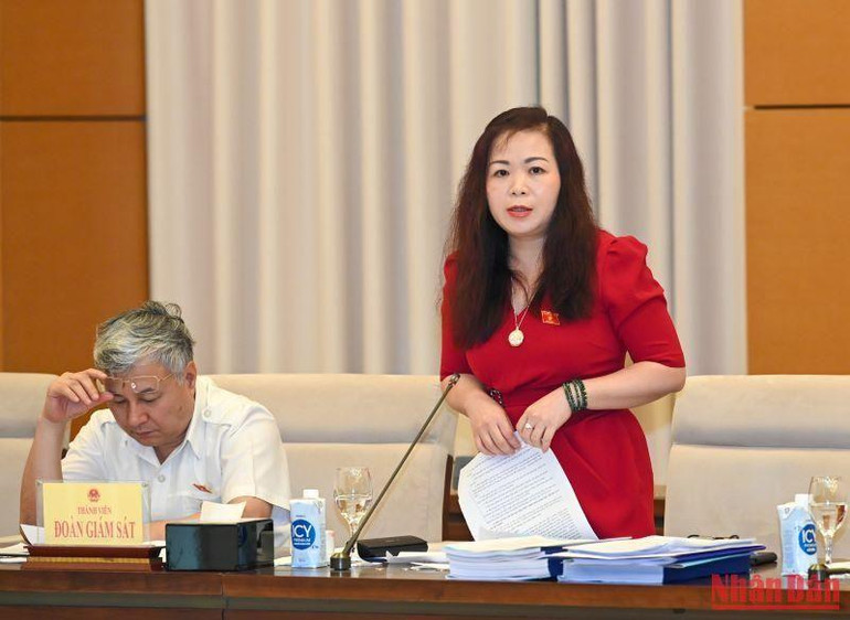 Phó Chủ nhiệm Ủy ban Tài chính, Ngân sách Vũ Thị Lưu Mai, thành viên đoàn giám sát phát biểu tại buổi làm việc.