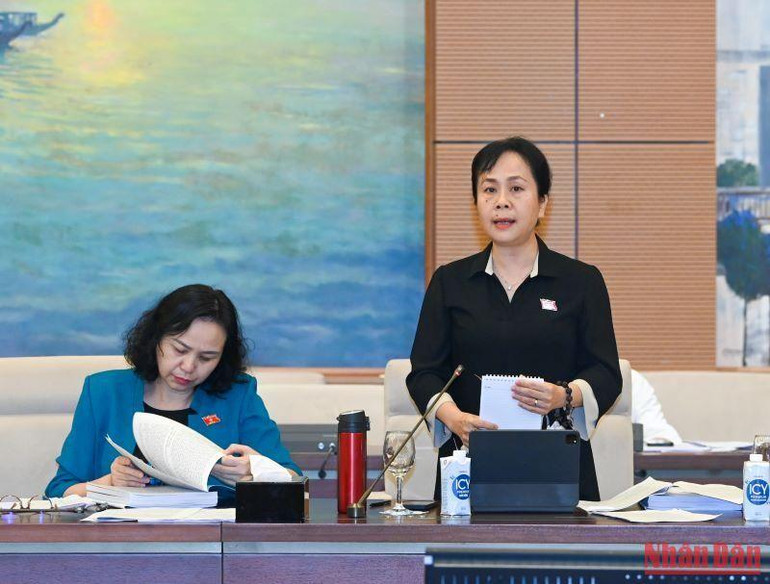 Phó Chủ nhiệm Ủy ban Tài chính, Ngân sách Nguyễn Vân Chi, thành viên đoàn giám sát phát biểu tại buổi làm việc.