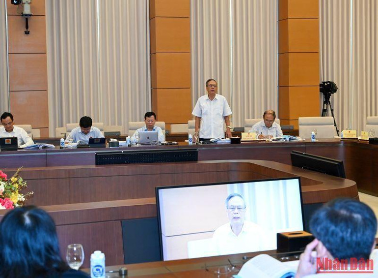 Đại biểu Bùi Đức Thụ, thành viên đoàn giám sát phát biểu tại buổi làm việc.